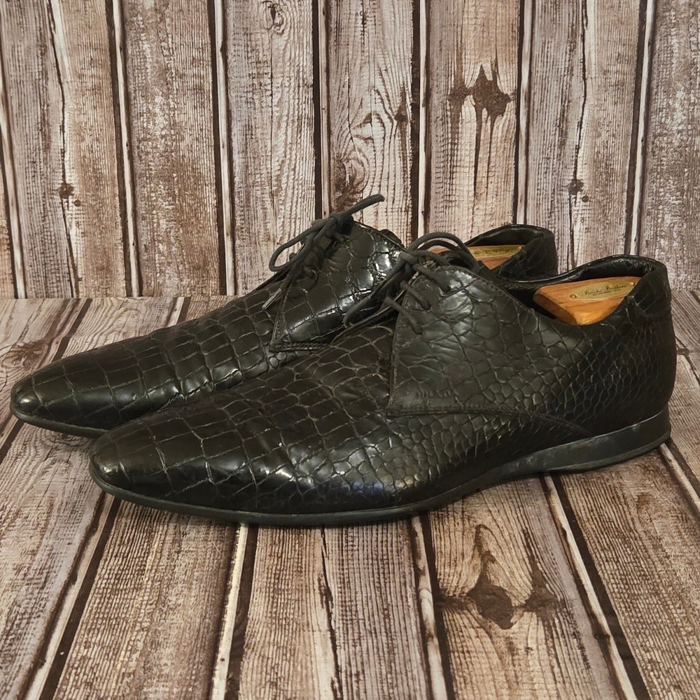 Sz 9 UK/ 10 US Mens Prada Black Crocodile Embossed Leather Derby Lace Up Shoes